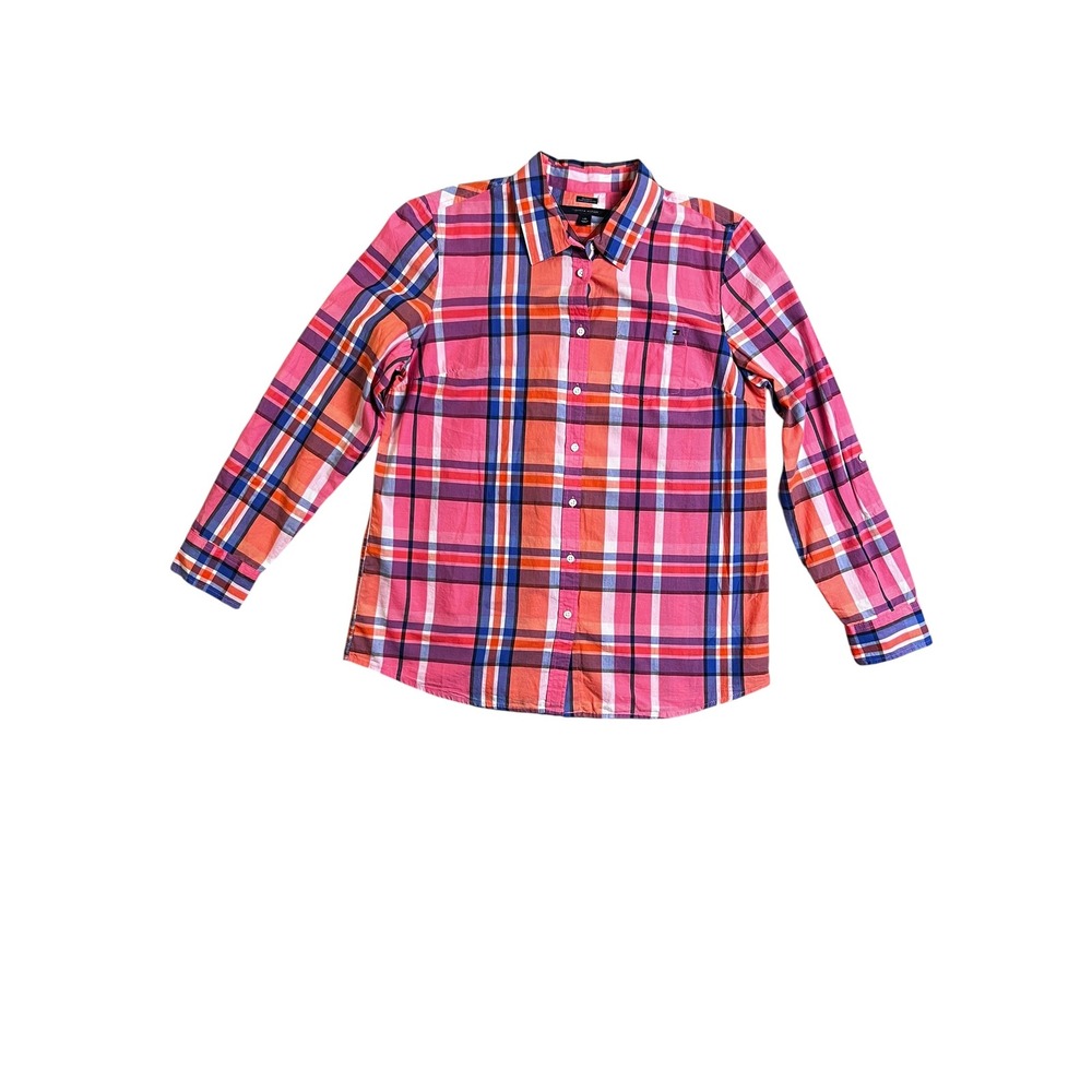 Tommy Hilfiger Womens Pink Orange Plaid Relaxed Fit Button Down Shirt Large